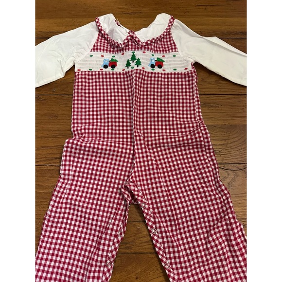 red and white gingham longalls smicked christmas boy's 24 mos - Picture 1 of 6